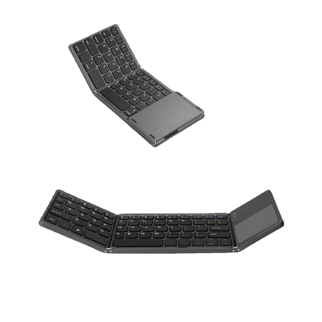 Mini tri-fold Bluetooth keyboard shown unfolded and folded, in black and silver colours