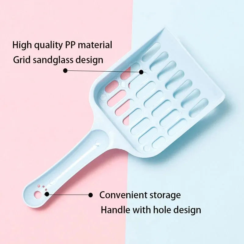 Blue plastic cat litter scoop, 20cm long, for cleaning litter trays.