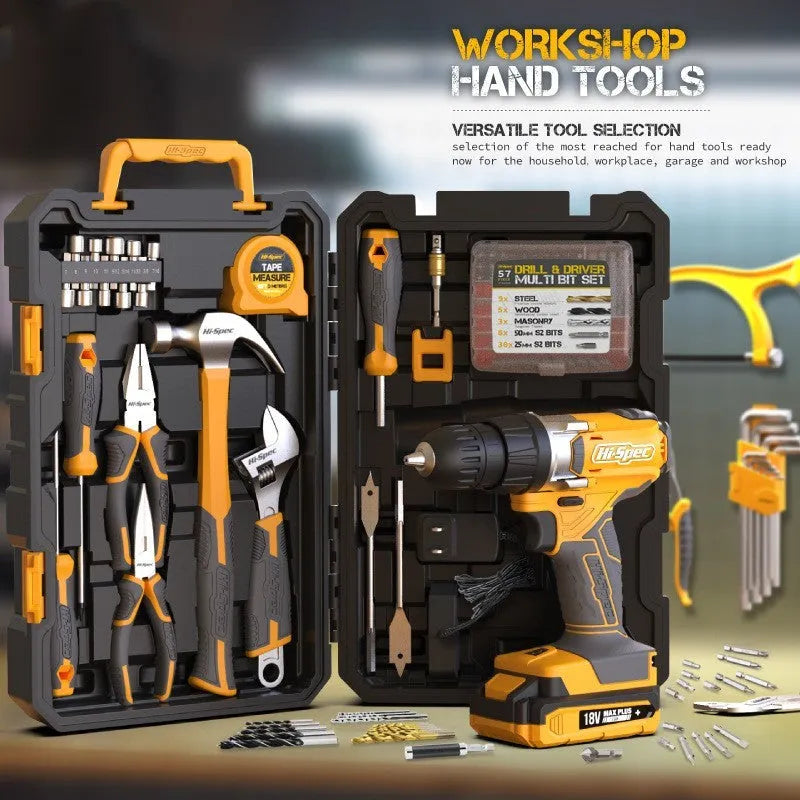 Grey-yellow US style case open to show 82-piece chrome-vanadium steel tool set for home repair