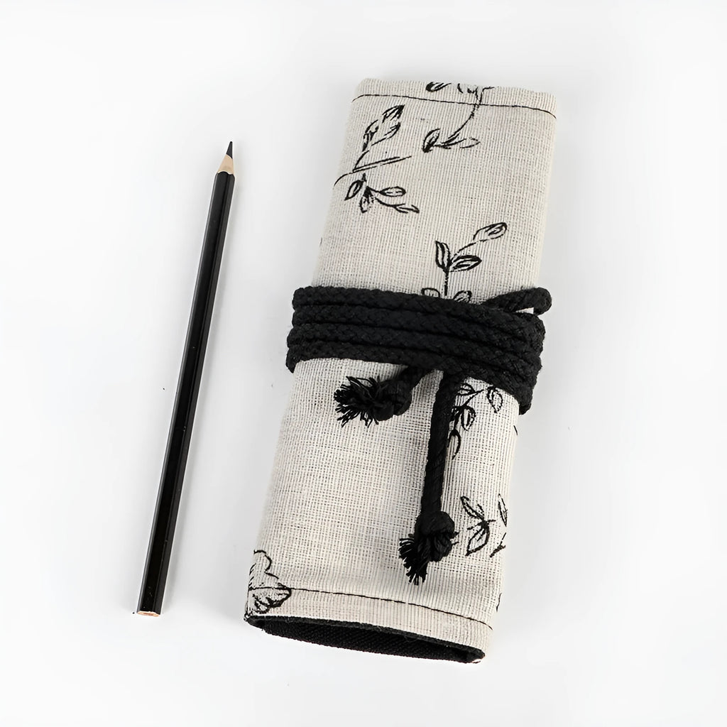 Black peony print canvas pencil roll bag with cotton hemp construction showing 24-hole or 72-hole organisation options