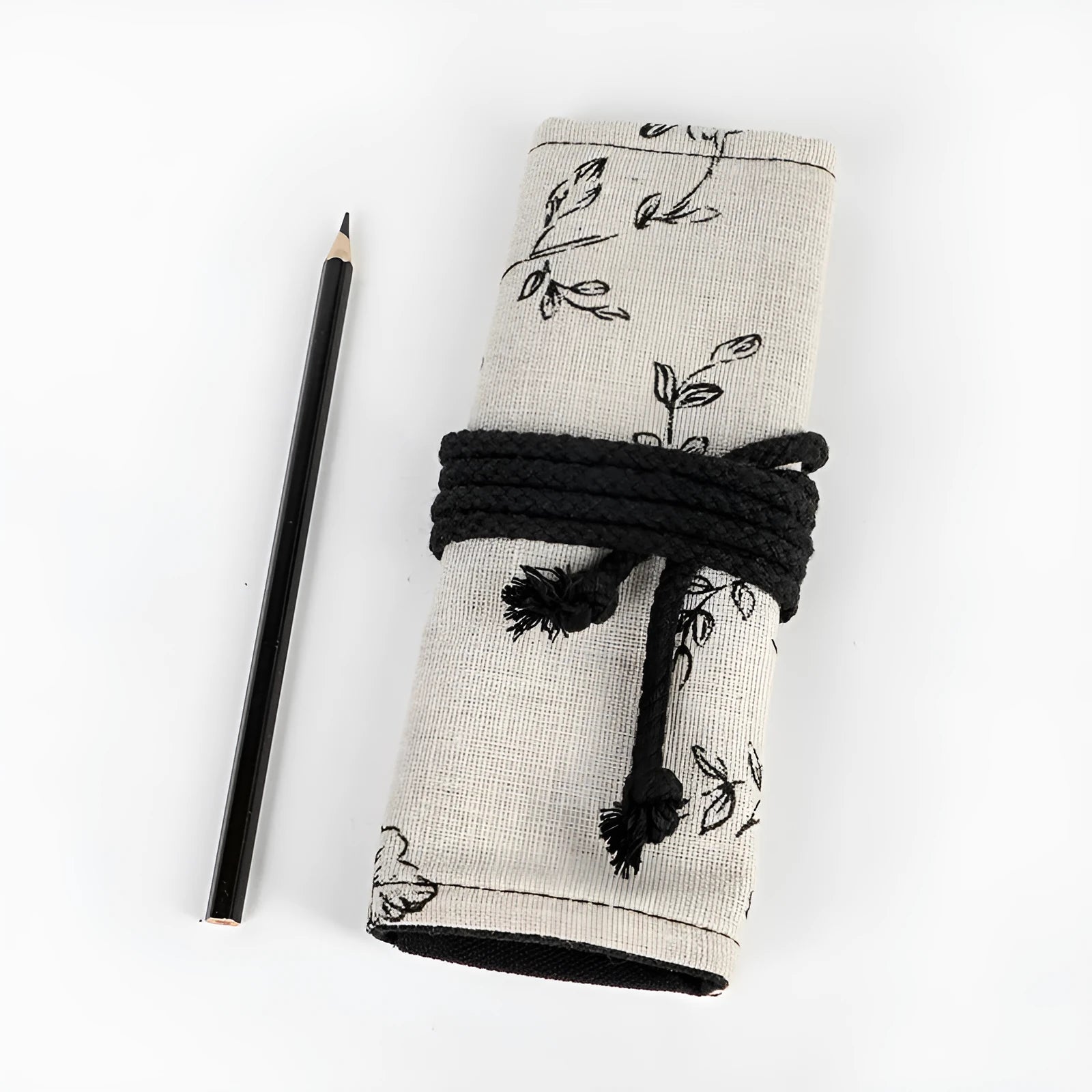Black peony print canvas pencil roll bag with cotton hemp construction showing 24-hole or 72-hole organisation options