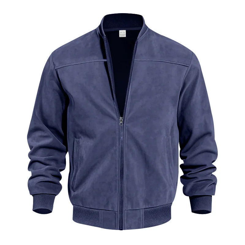 Men's plus size suede zip-front casual jacket shown in army green colour.