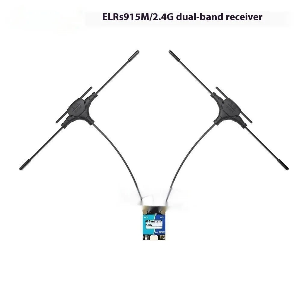 ELRS dual-frequency drone receiver kit with metal base station, antennas, and installation accessories