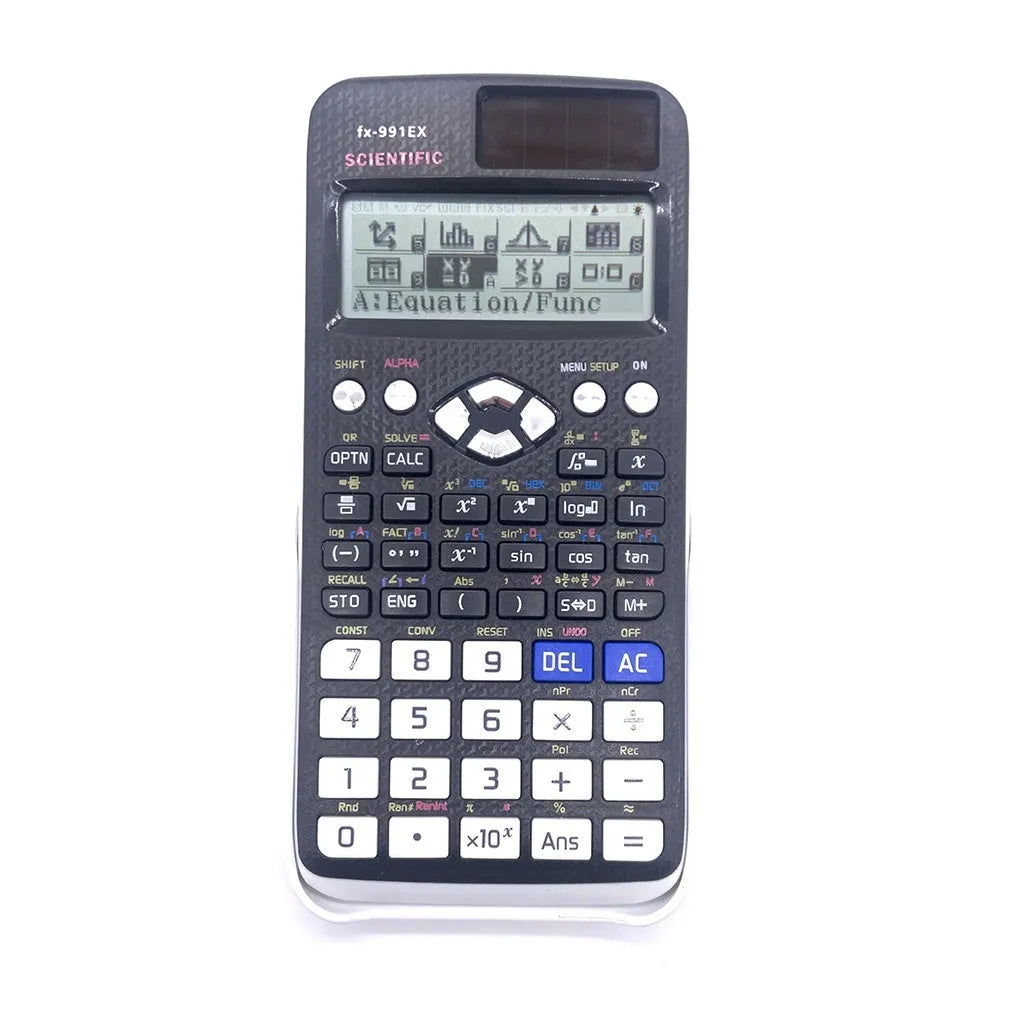 Casio fx-991EX scientific calculator in black, blue, or pink with dot matrix display