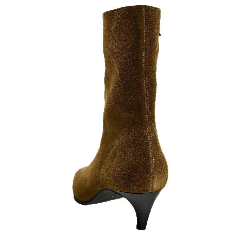 Brown square toe high heel ankle boots with a side zip and a stiletto kitten heel.