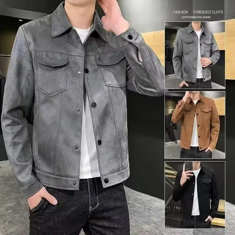 Casual solid colour loose men's top with 3D patch pocket in suede brown