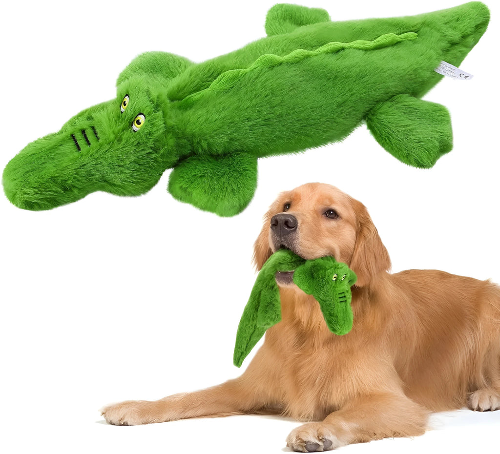 Green crocodile-shaped dog toy with squeaker and crinkle features for aggressive chewers