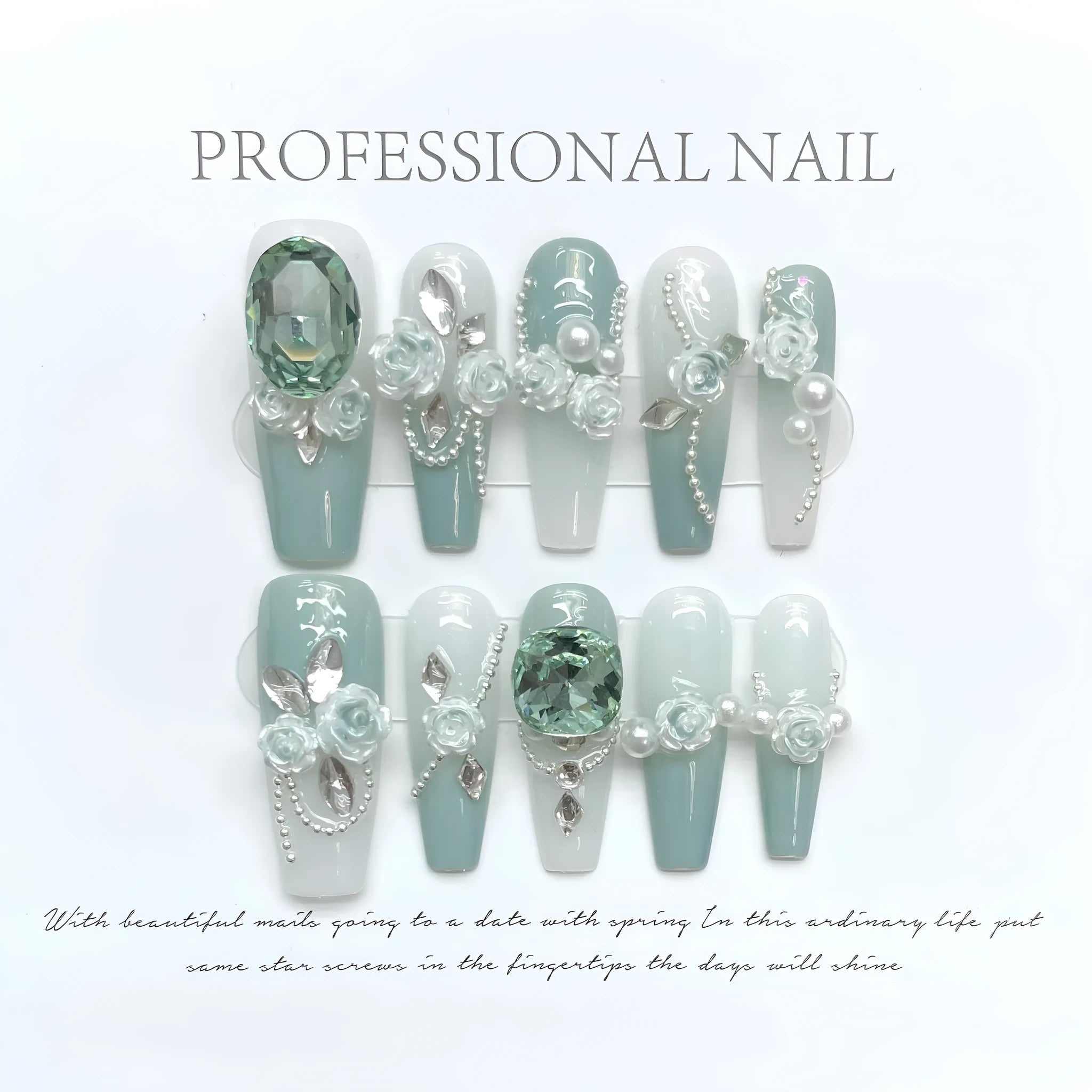 Green armour coloured full nail set with Camellia flower gradient chain, bow, and butterfly designs.