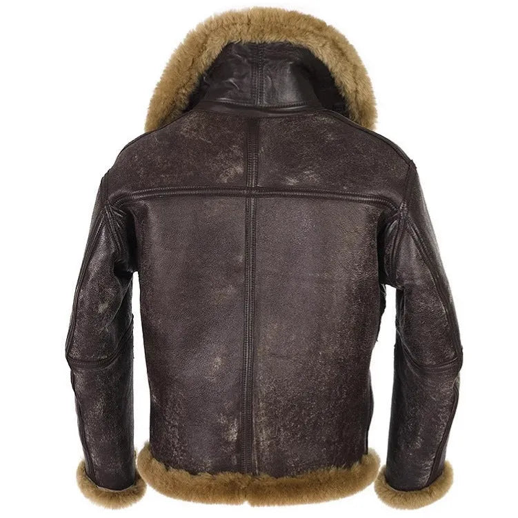 Men's brown retro synthetic leather fur coat with straight hem, worn open.