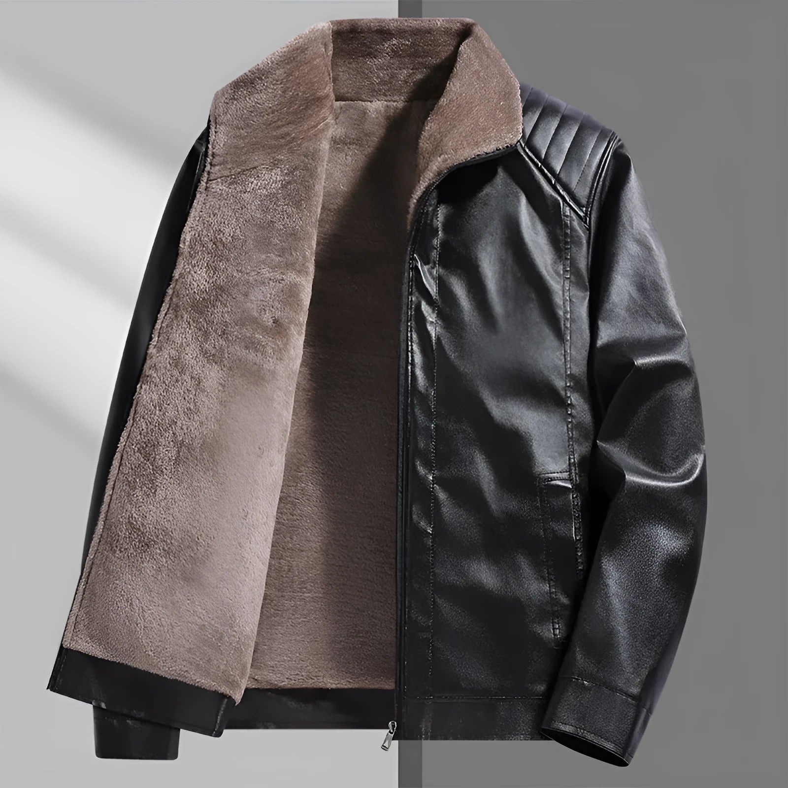 Fleece-lined real leather men's fur jacket in black, full front view, standard length, casual style