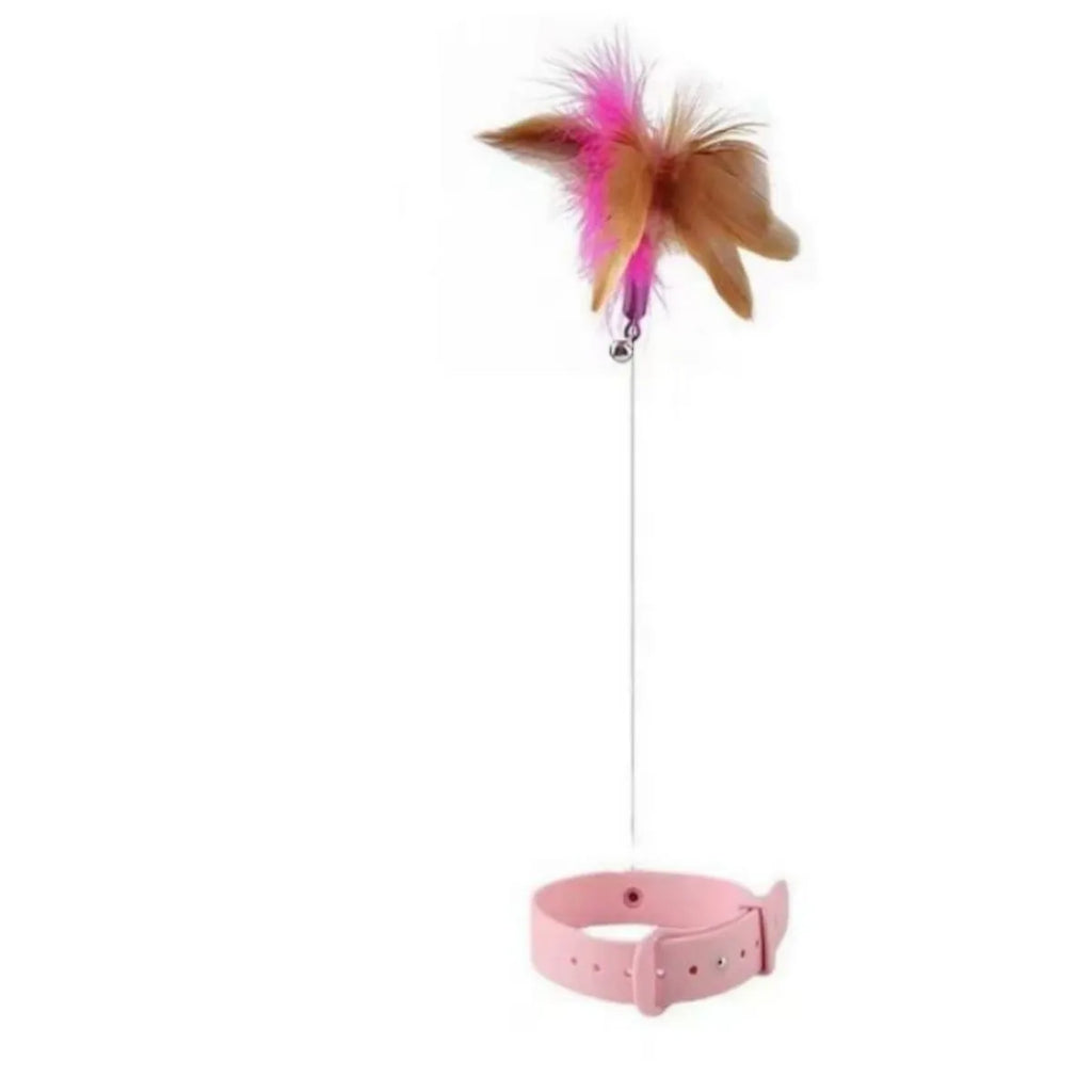 Adjustable cat collar toy with bell, detachable silicone teasing wand, and feather attachment in blue and pink options