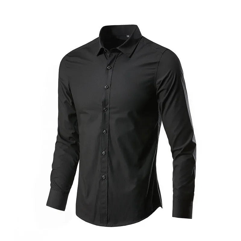 Man's long-sleeve loose-fit linen shirt in a light colour, showing the button front and relaxed silhouette.