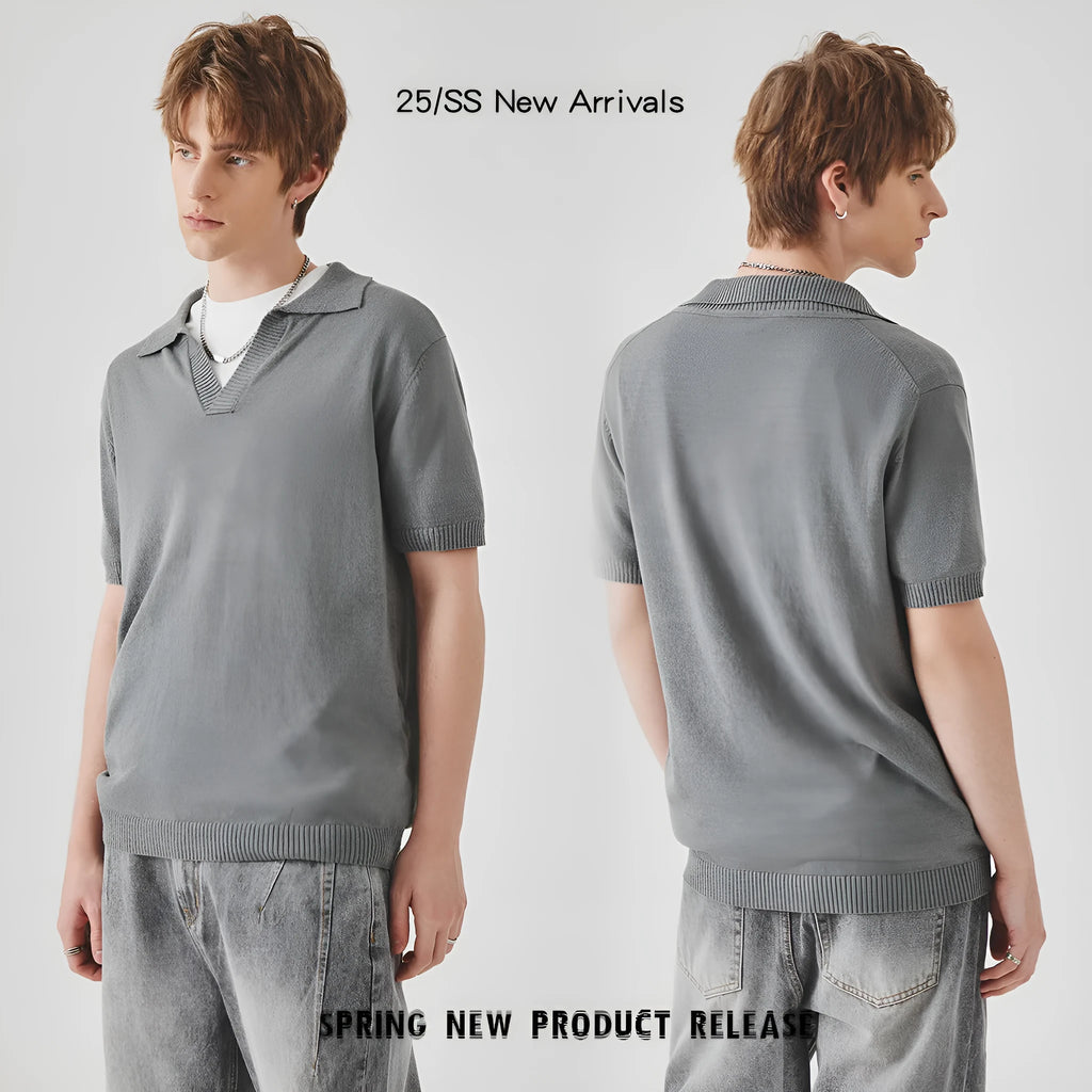 Short-sleeved polo collar casual t-shirt in solid colour on a hanger.