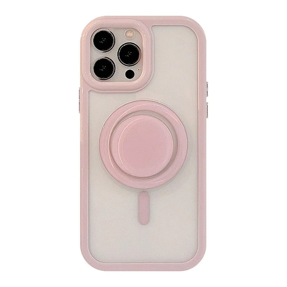 Solid colour magnetic bracket phone case for iPhone with acrylic back and magnetic edge in pink
