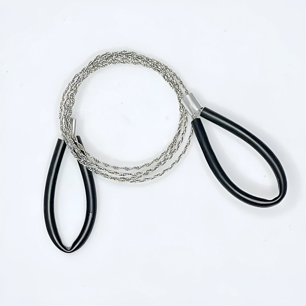Black and red coloured outdoor survival hand saw with stainless steel cutting wire, shown at full 70 cm length.