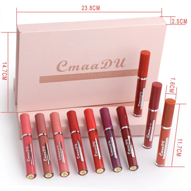 Set of 10 waterproof matte lipsticks in photo colour with 3g per stick and 36-month shelf life