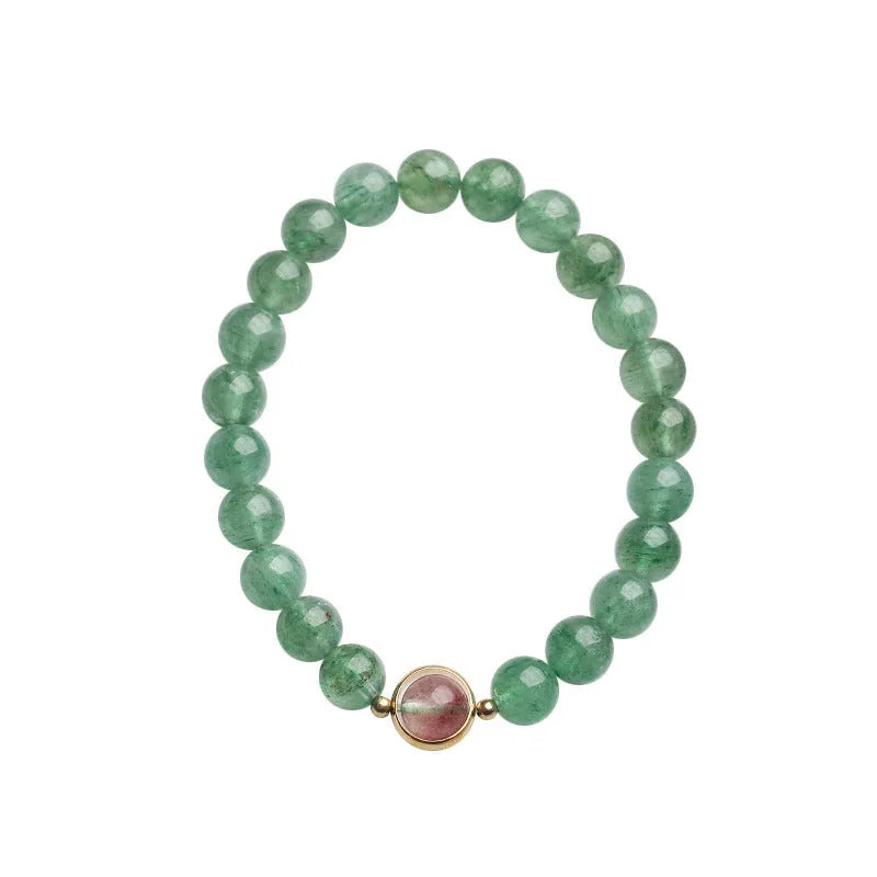 Green strawberry quartz hand-woven bracelet with 7.5mm stones and geometric Chinese patterns