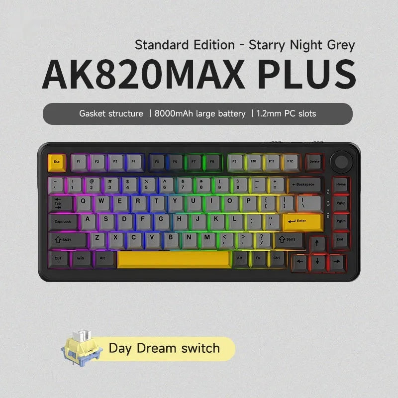 Black, grey, and yellow wireless mechanical keyboard with hot-swappable switches