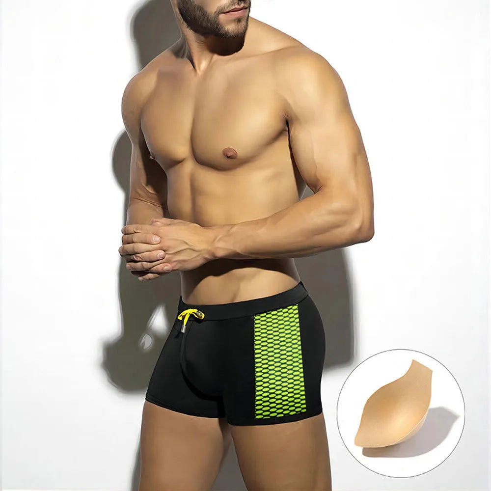 Men's polka dot print quick-dry swimming boxers in black, dark blue, and yellow colour options