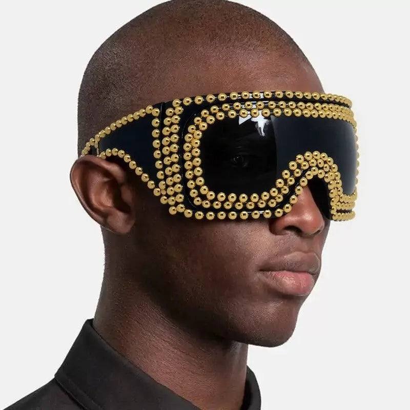 Men's large square rim punk sunglasses with rivet details in silver metal finish.