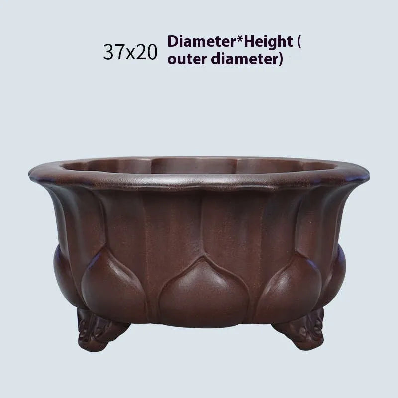 Purple sand clay succulent flower pot with petal-shaped basin and antique finish, 37cm wide.