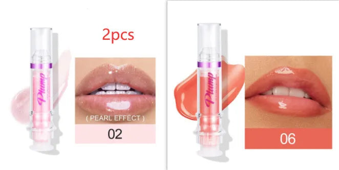 Lip gloss tube with mirror finish showing shiny application on lips
