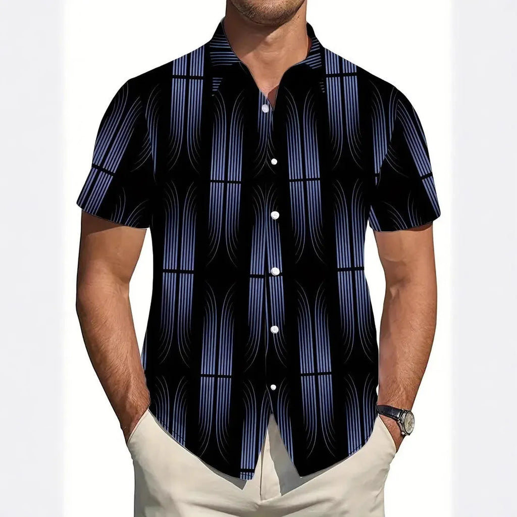 Men's geometric line print short sleeve shirt in slim fit cardigan style