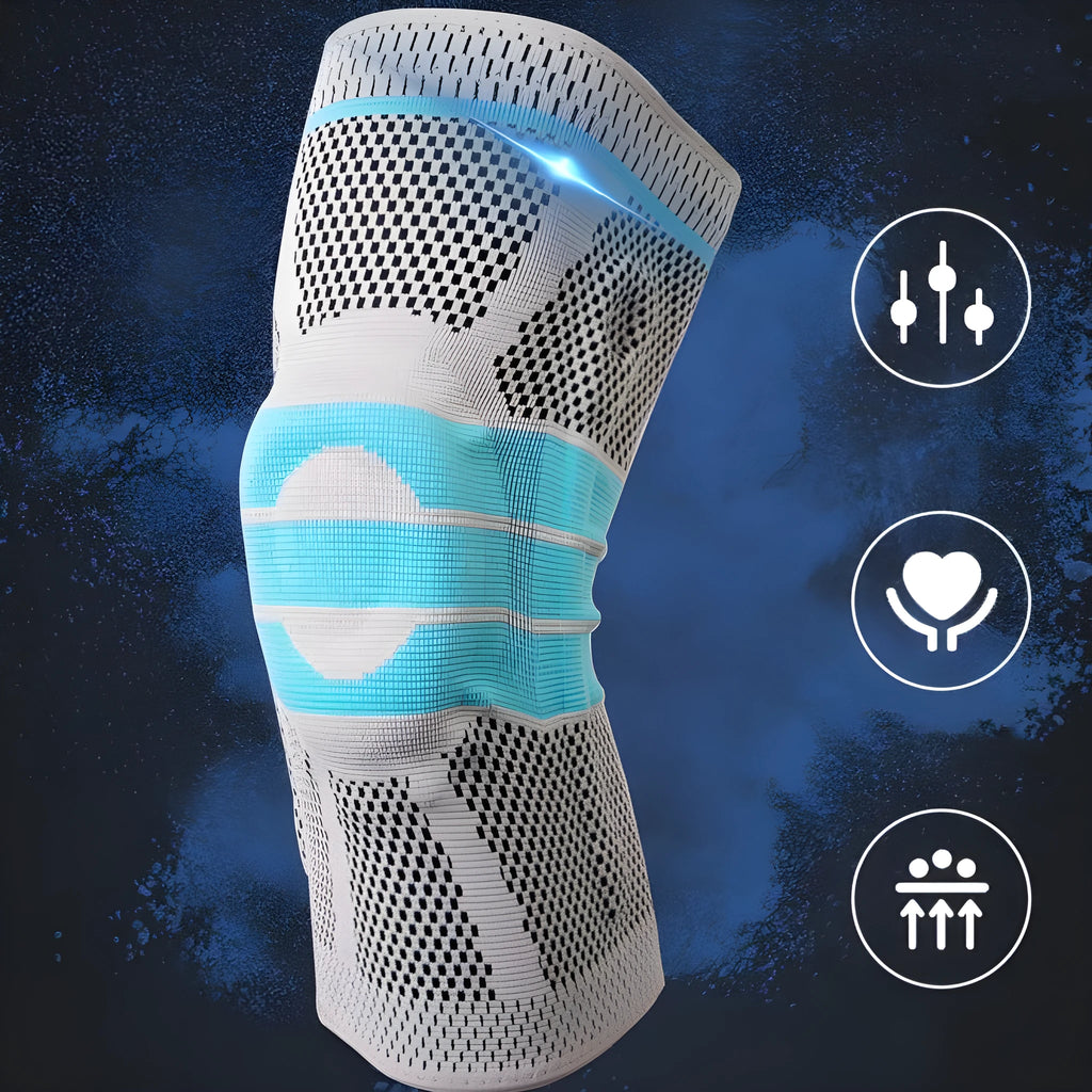 Sky blue elastic fibre knee pad with silicone grip for sports, shown in S, M, L, XL sizes.