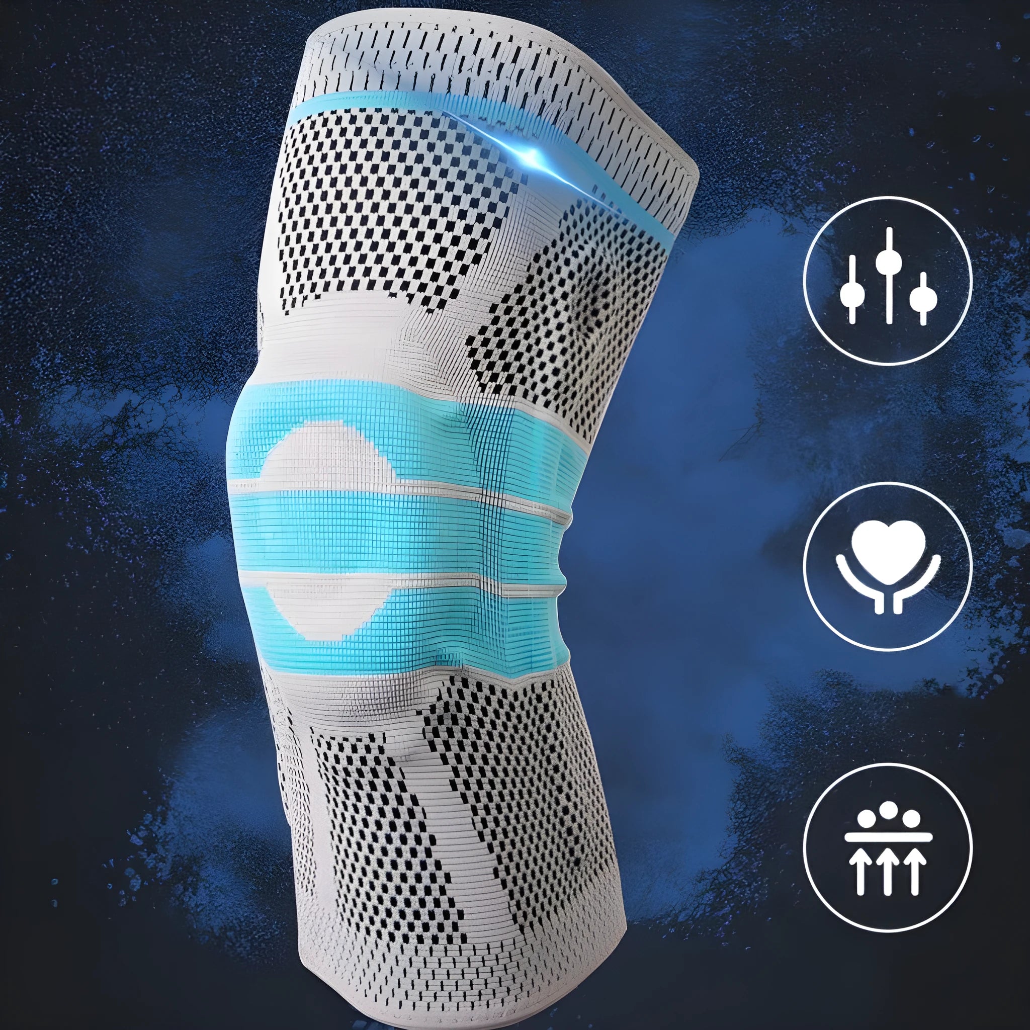 Sky blue elastic fibre knee pad with silicone grip for sports, shown in S, M, L, XL sizes.