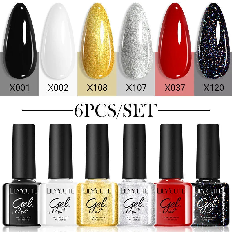 Set of 20 bottles of UV gel nail polish in various solid, glitter, and sequin colours.