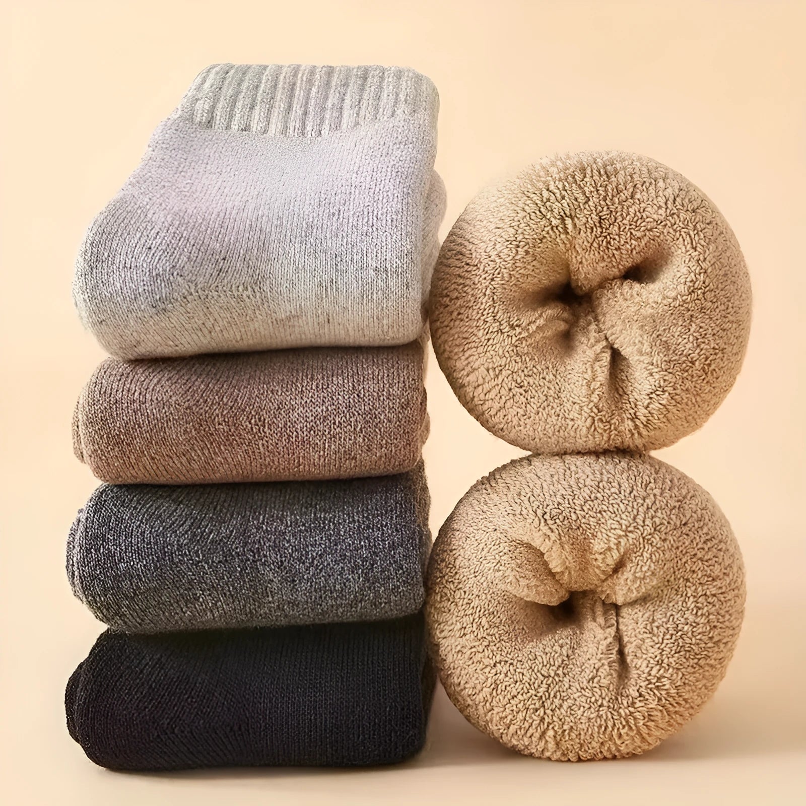 Two pairs of thick, solid-colour winter wool socks in a box, shown in khaki and dark grey.