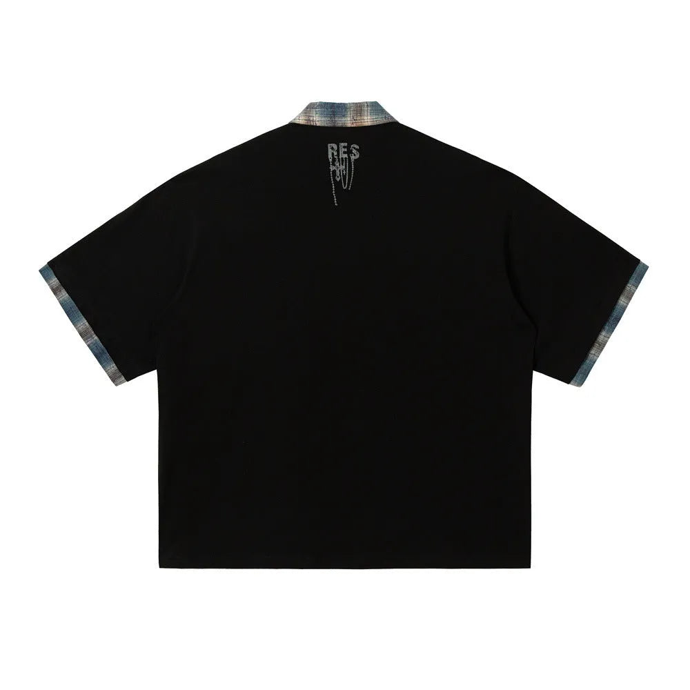 Men's blue graffiti print cotton short-sleeved top with asymmetric design and loose fit