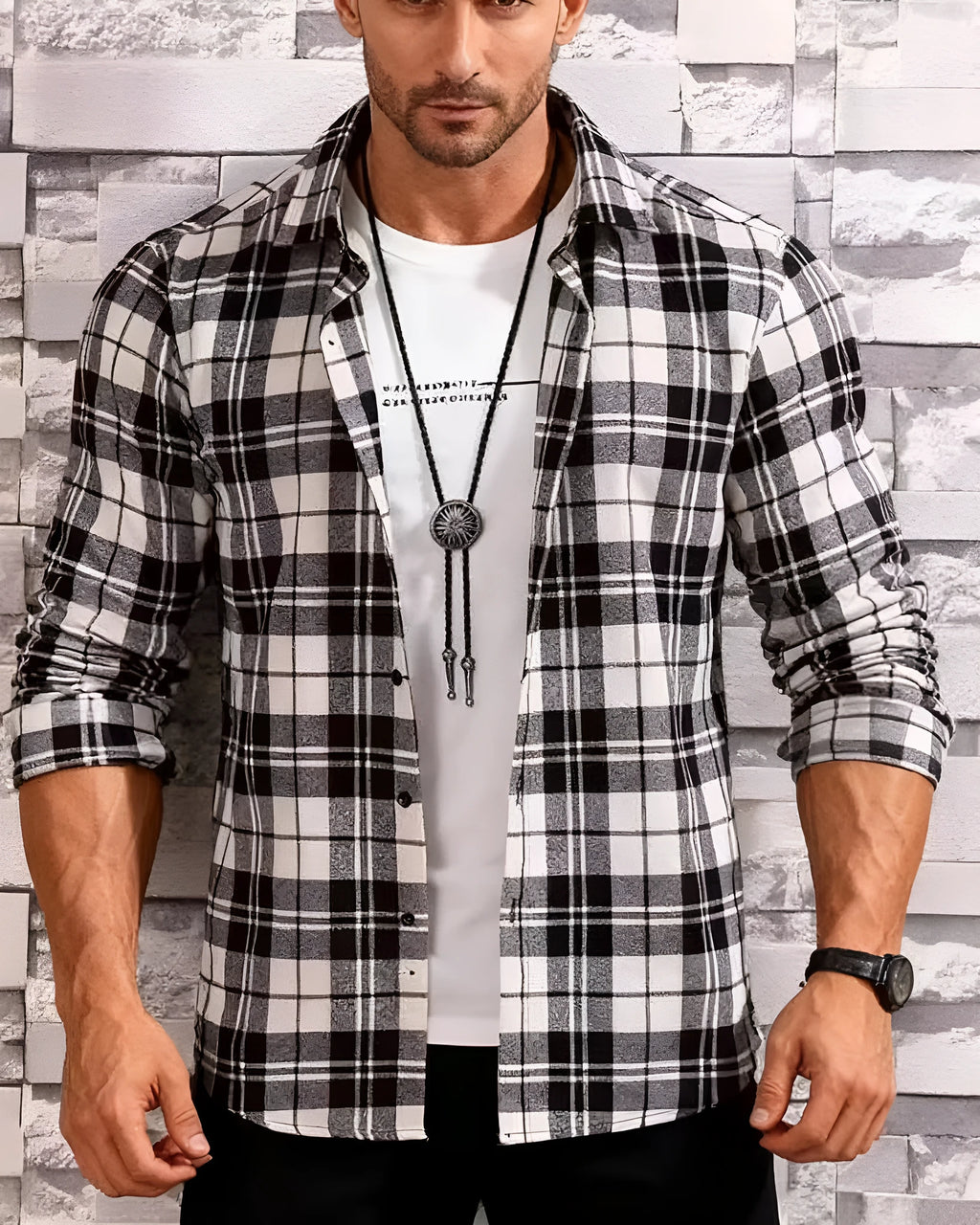 Teenage men's checked long-sleeved casual shirt in offwhite with black and white check pattern