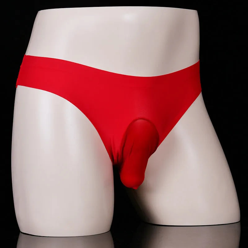 Men's black Ice Silk T-back underwear briefs on a white background, showing low-waist and ultra-thin design.