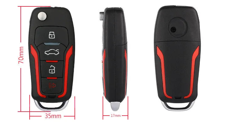 Red and black remote control car alarm system with two remotes for 3000m range security.