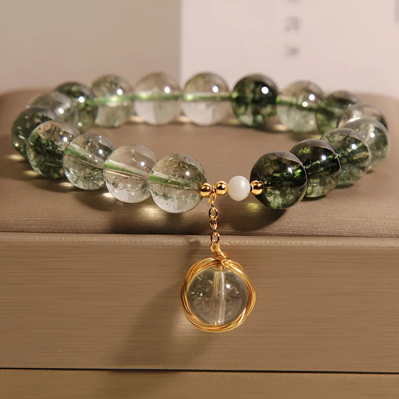 Green phantom quartz and chorite crystal bracelet for women in Japanese Korean style