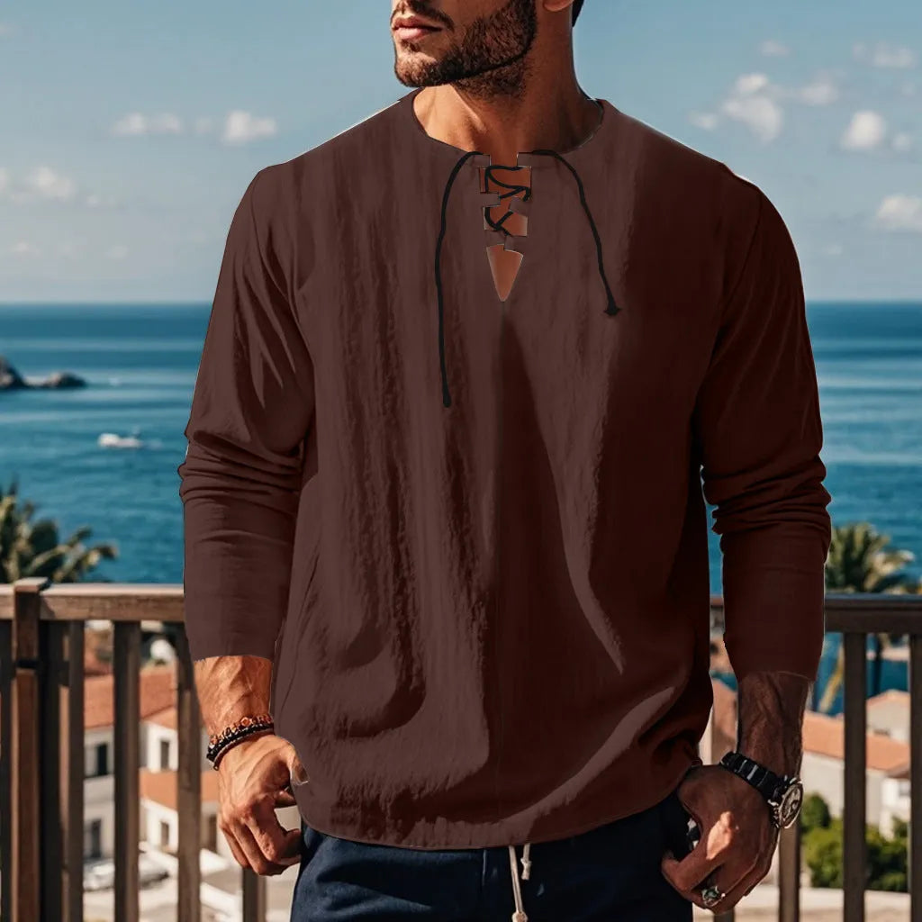 A man's solid colour cotton linen beach shirt in a loose pullover style, shown in an army green colour.
