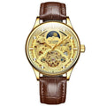 Men's gold leather strap automatic mechanical watch with sunray dial on wrist