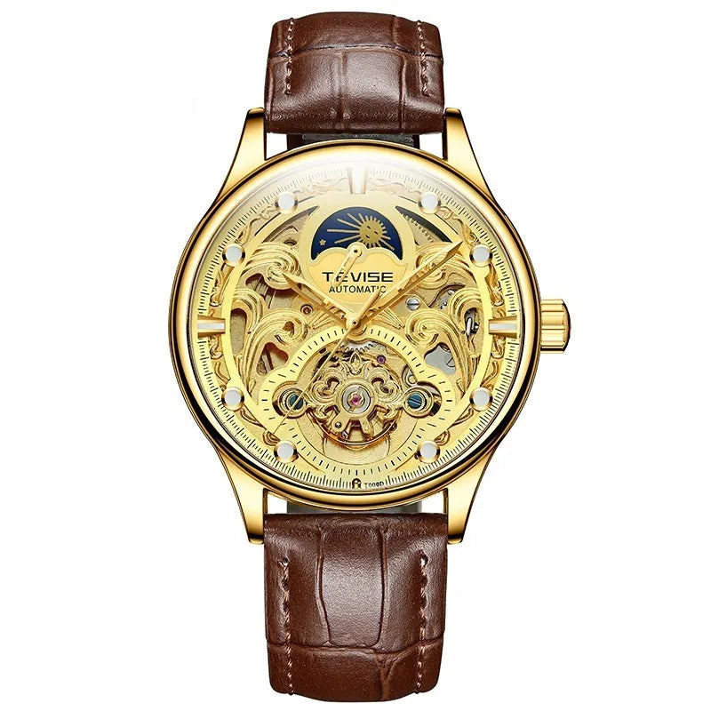 Men's gold leather strap automatic mechanical watch with sunray dial on wrist