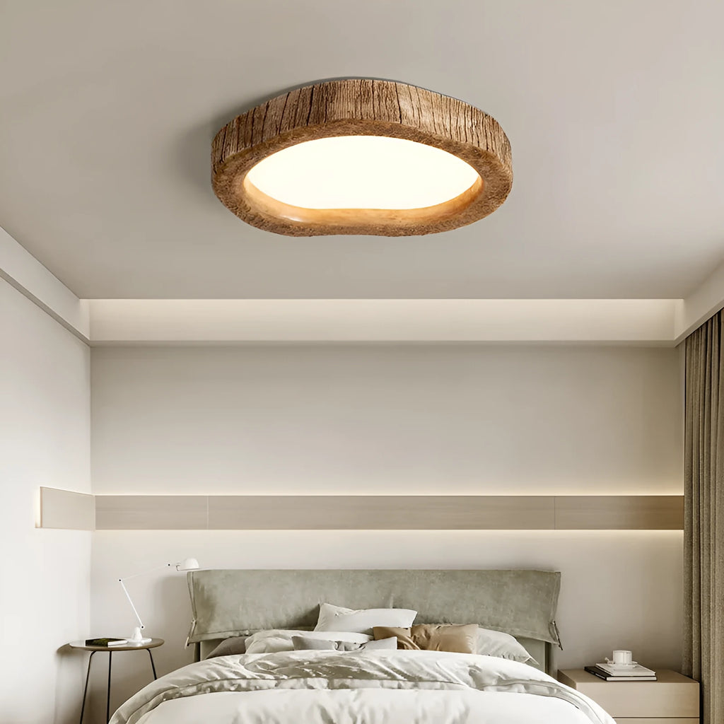 Round wood-grain finish Chinese-style ceiling lamp for bedroom lighting.