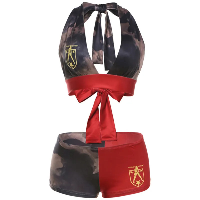 Red women's high waist bikini shorts set with 3D printed pattern, shown on a hanger.