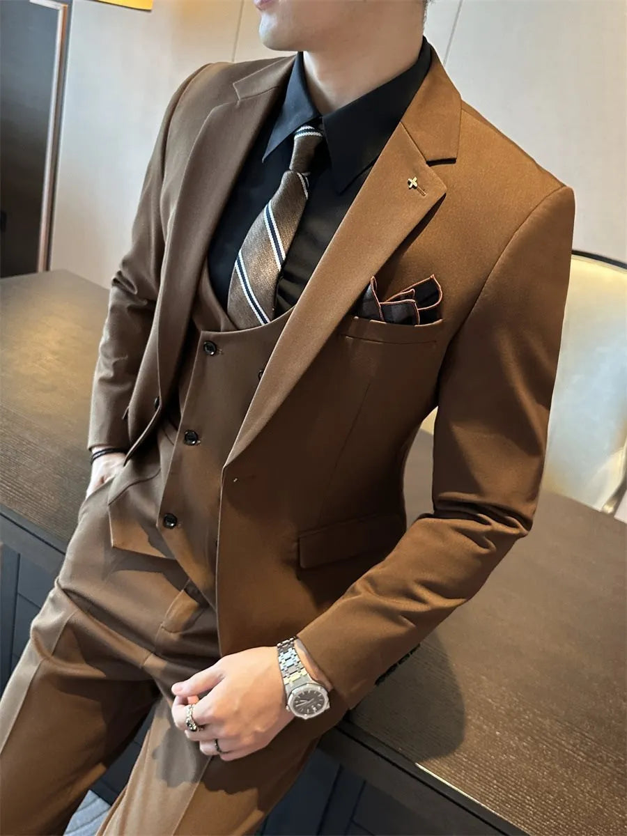 Men's slim fit business formal wear jacket in a chemical fibre blend available in dark green, brown, and camel colours.