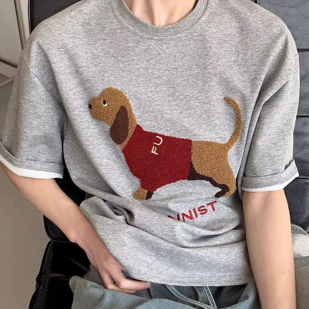 Men's grey cotton T-shirt with sausage dog towel embroidery on front, short sleeves, round neck
