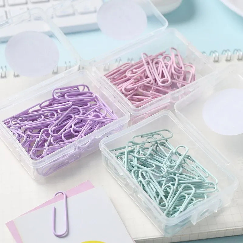 Set of macaron colour alloy paper clips in pink, green, and purple, showing 28mm and 50mm sizes, on a light background