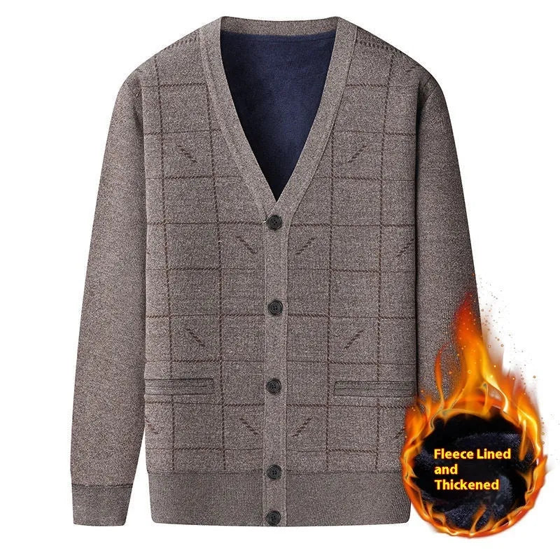 Men's grey wool-lined cardigan with batwing sleeves on a hanger