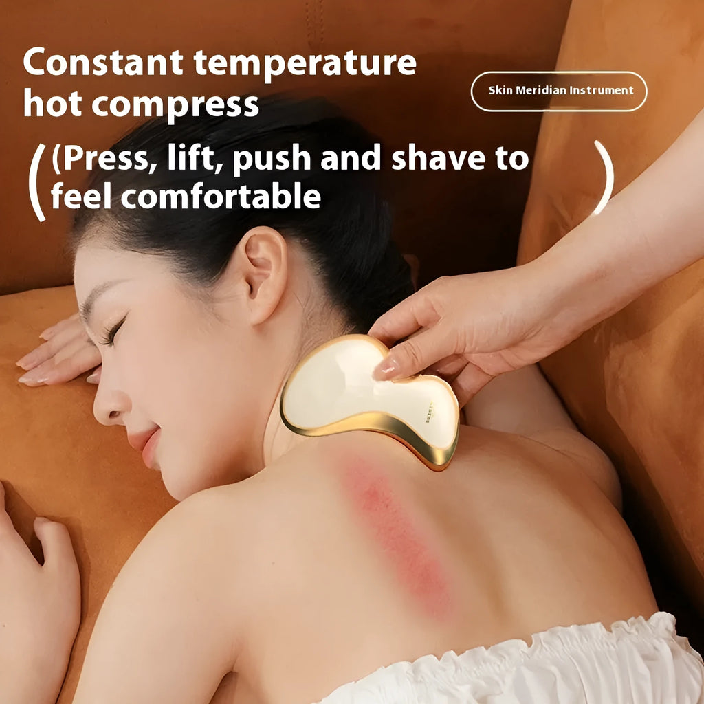 Golden yellow rechargeable electric scraping plate for hot compress and vibration massage therapy.
