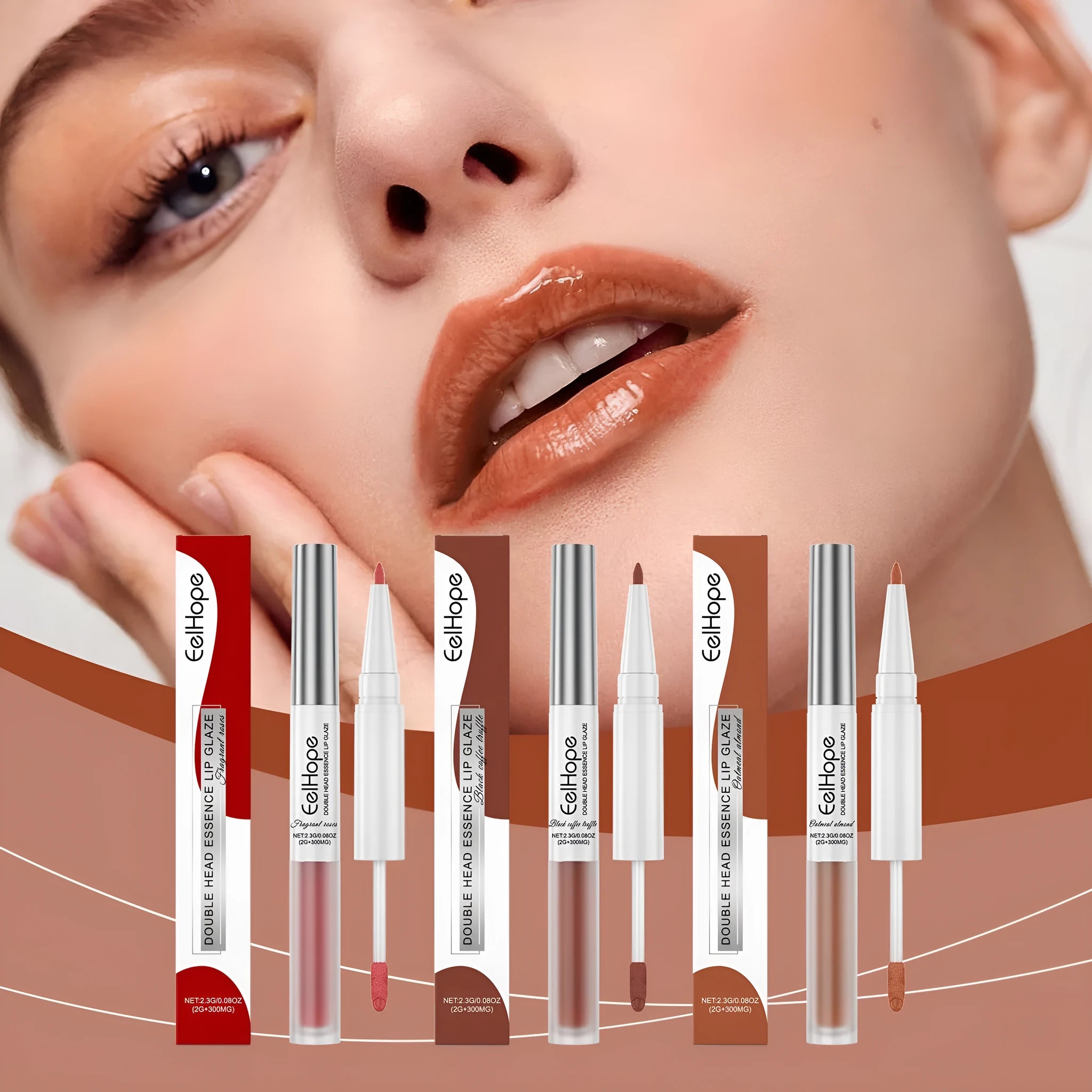 Double-headed lip liner and lip lacquer pen makeup tool showing colour options.