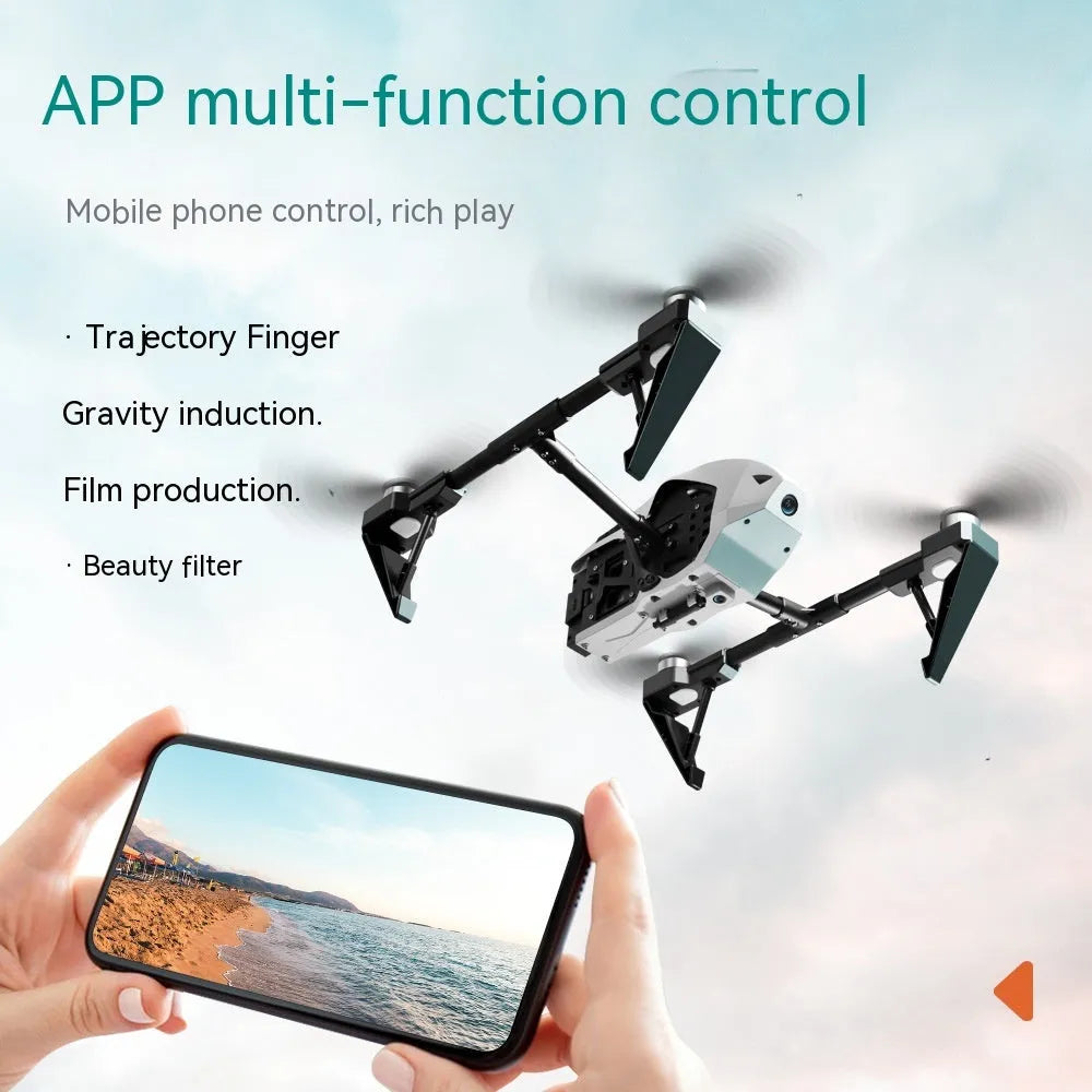 White KS66 alloy UAV drone with camera and remote control on grass, spare propellers and storage bag shown alongside.