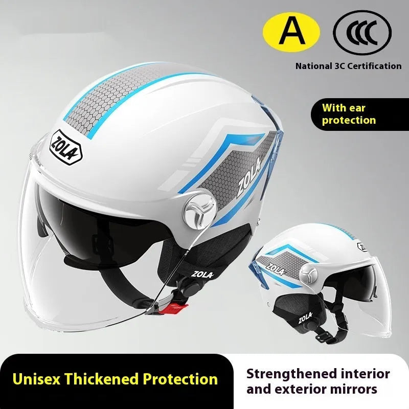 A light brown 3C certified motorcycle half helmet with a double mirror visor on a stand.