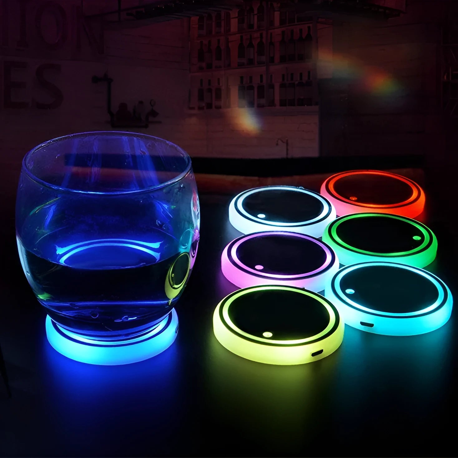 Colourful LED light-up coaster for car cup holders with USB cable